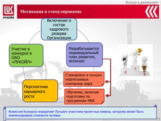 Всегда в движении! 
13 
Включение в состав кадрового резерва Организации 
Разрабатывается индивидуальный план развития, включая: 
Участие в конкурсе в ОАО «ЛУКОЙЛ» 
Стажировки в лучших нефтегазовых компаниях мира 
Обучение, включая подготовку по программам МВА 
Мотивация и стимулирование 
Перспектива карьерного роста 
Комиссия Конкурса определяет Лучшего участника проектных команд, которому может быть компенсирована стоимости путевки  