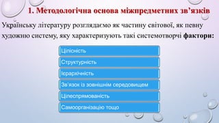 1. Методологічна основа міжпредметних зв’язків 
Українську літературу розглядаємо як частину світової, як певну 
художню систему, яку характеризують такі системотворчі фактори: 
Цілісність 
Структурність 
Ієрархічність 
Зв’язок із зовнішнім середовищем 
Цілеспрямованість 
Самоорганізацію тощо 
 