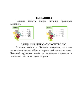 ЗАВДАННЯ 4 
Напиши замість знаків питання правильні 
відповіді. 
ЗАВДАННЯ ДЛЯ САМОКОНТРОЛЮ 
Розглянь малюнки. Запиши алгоритм, за яким 
можна визначити свійська тварина зображена чи дика. 
Замалюй кружечки синім та червоним кольором в 
залежності від виду групи тварини. 
 