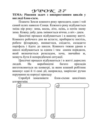 ТЕМА: Рішення задач з використанням циклів у 
вигляді блок-схем. 
Планета Земля кожного року проходить один і той 
самий шлях навколо Сонця. Кожного року відбувається 
зміна пір року: зима, весна, літо, осінь, а потім знову 
зима. Кожну добу день змінюється ніччю, а ніч - днем. 
Циклічні процеси відбуваються і в вашому житті. 
Кожного робочого дня ви встаєте, прибираєте постіль, 
робите фіззарядку, вмиваєтеся, снідаєте, складаєте 
портфель і йдете до школи. Кожного тижня уроки в 
школі відбуваються за одним і тим самим порядком, 
який визначається розкладом, хоча, звичайно ж, 
можуть бути й непередбачені ситуації. 
Циклічні процеси відбуваються і в житті дорослих 
людей. На виробництві багато приладів 
виготовляються на конвеєрі, за яким кожний робітник 
виконує одні й ті самі дії, наприклад, закріплює ручки 
керування на корпусі приладу 
Спробуй замалювати блок-схеми циклічних 
алгоритмів: 
 