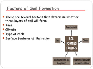 Factors of Soil Formation 
There are several factors that determine whether 
three layers of soil will form. 
Time 
Climate 
Type of rock 
Surface features of the region 
 