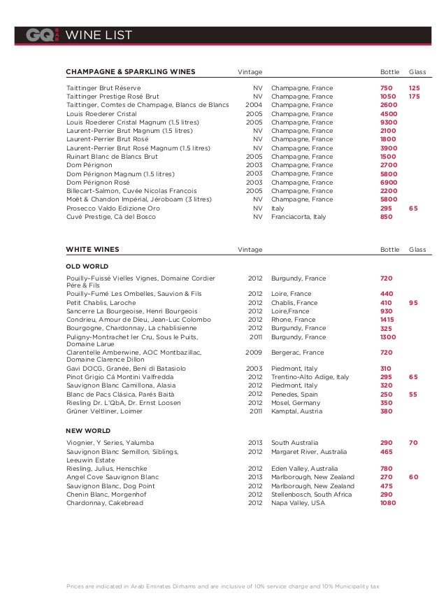 WINE List GQBar Dubai Menu