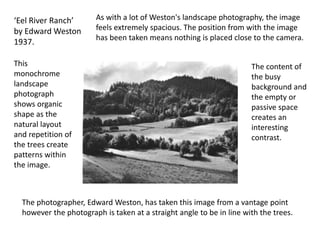 ‘Eel River Ranch’
by Edward Weston
1937.
This
monochrome
landscape
photograph
shows organic
shape as the
natural layout
and repetition of
the trees create
patterns within
the image.
As with a lot of Weston's landscape photography, the image
feels extremely spacious. The position from with the image
has been taken means nothing is placed close to the camera.
The content of
the busy
background and
the empty or
passive space
creates an
interesting
contrast.
The photographer, Edward Weston, has taken this image from a vantage point
however the photograph is taken at a straight angle to be in line with the trees.
 
