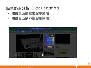 悠識數位顧問有限公司 UserXper Digital Consulting Co., Ltd.
點擊熱圖分析 Click Heatmap	
-  關鍵⾴頁⾯面的重要點擊區域	
-  關鍵⾴頁⾯面的不被點擊區域	
 