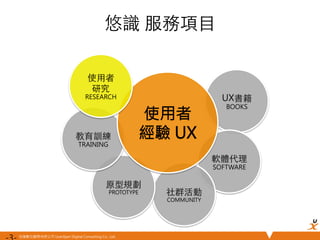 悠識數位顧問有限公司 UserXper Digital Consulting Co., Ltd.
悠識 服務項⺫⽬目
UX書籍
BOOKS	
軟體代理
SOFTWARE	
社群活動
COMMUNITY	
原型規劃
PROTOTYPE	
教育訓練
TRAINING	
使用者
經驗 UX
使⽤用者
研究
RESEARCH	
 