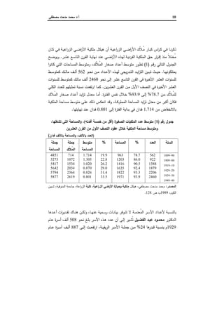 10‫أ‬.‫ﻣﺻطﻔﻰ‬ ‫ﻣدﺣت‬ ‫ﻣﺣﻣد‬ ‫د‬
‫ﺗﻄﻮر‬‫أ‬‫ﻋﺪاد‬
‫وﻣﺴﺎﺣﺎت‬‫َك‬‫ﻼ‬ُ‫ﻤ‬‫اﻟ‬ ‫ﺻﻐﺎر‬
‫ـﺎ‬‫ـ‬‫ﻧ‬‫ر‬‫ذﻛ‬‫ـﺔ‬‫ـ‬‫ﯾ‬‫اﻋ‬‫ر‬‫اﻟز‬ ‫ـﻲ‬‫ـ‬‫ﺿ‬‫ا‬‫ر‬‫اﻷ‬ ‫ّك‬‫ﻼ‬‫ـ‬‫ـ‬ُ‫ﻣ‬ ‫ـﺎر‬‫ـ‬‫ﺑ‬‫ﻛ‬ ‫اس‬‫ر‬‫ـ‬‫ـ‬‫ﻛ‬ ‫ـﻲ‬‫ـ‬‫ﻓ‬‫ـﺎن‬‫ـ‬‫ﻛ‬ ‫ـﻲ‬‫ـ‬‫ﻓ‬ ‫ـﺔ‬‫ـ‬‫ﯾ‬‫اﻋ‬‫ر‬‫اﻟز‬ ‫ـﻲ‬‫ـ‬‫ﺿ‬‫ا‬‫ر‬‫اﻷ‬ ‫ـﺔ‬‫ـ‬‫ﯾ‬‫ِﻠﻛ‬‫ﻣ‬ ‫ـل‬‫ـ‬‫ﻛ‬‫ﻫﯾ‬ ‫أن‬
‫ـر‬‫ﺷ‬‫ﻋ‬ ‫ـﻊ‬‫ﺳ‬‫اﻟﺗﺎ‬ ‫ـرن‬‫ﻘ‬‫اﻟ‬ ‫ـﺔ‬‫ﯾ‬‫ﻧﻬﺎ‬ ‫ـد‬‫ﻧ‬‫ﻋ‬ ‫ـﻲ‬‫ﺿ‬‫ا‬‫ر‬‫اﻷ‬ ‫ـذﻩ‬‫ﻬ‬‫ﻟ‬ ‫ـﺔ‬‫ﯾ‬‫اﻟﻔرد‬ ‫ـﺔ‬‫ﯾ‬‫ِﻠﻛ‬‫ﻣ‬‫اﻟ‬ ‫ـق‬‫ﺣ‬ ‫ار‬‫ر‬‫ـ‬‫ﻗ‬‫إ‬ ‫ﻣﻧذ‬ ً‫ﻼ‬‫ُﺧﺗ‬‫ﻣ‬.‫ـﺢ‬‫ﺿ‬‫وﯾو‬
‫ـم‬‫ﻗ‬‫ر‬ ‫ـﺎﻟﻲ‬‫ﺗ‬‫اﻟ‬ ‫اﻟﺟدول‬)1(‫ّك‬‫ﻼ‬‫ُـ‬‫ﻣ‬‫اﻟ‬ ‫ـﻐﺎر‬‫ﺻ‬ ‫ـداد‬‫ﻋ‬‫أ‬ ‫ـط‬‫ﺳ‬‫ﻣﺗو‬ ‫ـور‬‫ط‬‫ﺗ‬،‫ا‬‫و‬‫ـﺎﻧ‬‫ﻛ‬ ‫ـﻲ‬‫ﺗ‬‫اﻟ‬ ‫ـﺎﺣﺎت‬‫ﺳ‬‫اﻟﻣ‬ ‫ـط‬‫ﺳ‬‫وﻣﺗو‬
‫ـﺎ‬‫ـ‬‫ـ‬‫ﻬ‬‫ﯾﻣﺗﻠﻛوﻧ‬.‫ـداد‬‫ـ‬‫ـ‬‫ﻋ‬‫اﻷ‬ ‫ـذﻩ‬‫ـ‬‫ـ‬‫ﻬ‬‫ﻟ‬ ‫ﯾﺟﻲ‬‫ر‬‫ـد‬‫ـ‬‫ـ‬‫ﺗ‬‫اﻟ‬ ‫ـد‬‫ـ‬‫ـ‬‫ﯾ‬‫ا‬‫ز‬‫اﻟﺗ‬ ‫ـﯾن‬‫ـ‬‫ـ‬‫ﺑ‬‫ﺗ‬ ‫ـث‬‫ـ‬‫ـ‬‫ﯾ‬‫ﺣ‬‫ـو‬‫ـ‬‫ـ‬‫ﺣ‬‫ﻧ‬ ‫ـن‬‫ـ‬‫ـ‬‫ﻣ‬562‫ـط‬‫ـ‬‫ـ‬‫ﺳ‬‫ﻛﻣﺗو‬ ‫ـك‬‫ـ‬‫ـ‬‫ﻟ‬‫ﻣﺎ‬ ‫ـف‬‫ـ‬‫ـ‬‫ﻟ‬‫أ‬
‫ـو‬‫ﺣ‬‫ﻧ‬ ‫إﻟﻰ‬ ‫ﻋﺷر‬ ‫اﻟﺗﺎﺳﻊ‬ ‫اﻟﻘرن‬ ‫ﻓﻲ‬ ‫ة‬‫ر‬‫اﻷﺧﯾ‬ ‫اﻟﻌﺷر‬ ‫ات‬‫و‬‫ﻟﻠﺳﻧ‬2460‫ات‬‫و‬‫ـﻧ‬‫ﺳ‬‫ﻟﻠ‬ ‫ـط‬‫ﺳ‬‫ﻛﻣﺗو‬ ‫ـك‬‫ﻟ‬‫ﻣﺎ‬ ‫ـف‬‫ﻟ‬‫أ‬
‫ﯾن‬‫ر‬‫ـ‬‫ﺷ‬‫اﻟﻌ‬ ‫ـرن‬‫ﻘ‬‫اﻟ‬ ‫ـن‬‫ﻣ‬ ‫اﻷول‬ ‫اﻟﻧﺻف‬ ‫ﻓﻲ‬ ‫ة‬‫ر‬‫اﻷﺧﯾ‬ ‫اﻟﻌﺷر‬.‫ـﻲ‬‫ﻠ‬‫اﻟﻛ‬ ‫ـدد‬‫ﻌ‬‫ﻟﻠ‬ ‫ـﯾﻠﻬم‬‫ﺛ‬‫ﺗﻣ‬ ‫ـﺑﺔ‬‫ﺳ‬‫ﻧ‬ ‫ـت‬‫ﻌ‬‫ﺗﻔ‬‫ر‬‫ا‬ ‫ـﺎ‬‫ﻣ‬‫ﻛ‬
‫ـن‬‫ـ‬‫ﻣ‬ ‫ّك‬‫ﻼ‬‫ـ‬‫ـ‬ُ‫ﻣ‬‫ﻟﻠ‬78.7%‫ـﻰ‬‫ـ‬‫ﻟ‬‫إ‬93.9%‫ة‬‫ر‬‫ـ‬‫ـ‬‫ﺗ‬‫اﻟﻔ‬ ‫ـس‬‫ـ‬‫ﻔ‬‫ﻧ‬ ‫ـﻼل‬‫ـ‬‫ﺧ‬.‫ـﺎ‬‫ـ‬‫ﻣ‬‫أ‬‫ـداد‬‫ـ‬‫ﻋ‬‫أ‬ ‫ـد‬‫ـ‬‫ﯾ‬‫ا‬‫ز‬‫ﺗ‬ ‫ـدل‬‫ـ‬‫ﻌ‬‫ﻣ‬‫ـ‬‫ـ‬‫ﺻ‬‫ﻐﺎر‬‫ـﻼك‬‫ـ‬ُ‫ﻣ‬‫اﻟ‬
‫ﻓ‬‫ـﺔ‬‫ﻛ‬‫اﻟﻣﻣﻠو‬ ‫اﻟﻣﺳﺎﺣﺔ‬ ‫اﯾد‬‫ز‬‫ﺗ‬ ‫ﻣﻌدل‬ ‫ﻣن‬ ‫أﻛﺑر‬ ‫ﻛﺎن‬،‫ـﺔ‬‫ﯾ‬‫اﻟﻣﻠﻛ‬ ‫ـﺎﺣﺔ‬‫ﺳ‬‫ﻣ‬ ‫ـط‬‫ﺳ‬‫ﻣﺗو‬ ‫ـﻰ‬‫ﻠ‬‫ﻋ‬ ‫ـك‬‫ﻟ‬‫ذ‬ ‫ـس‬‫ﻛ‬‫اﻧﻌ‬ ‫ـد‬‫ﻗ‬‫و‬
‫ﻣن‬ ‫ﺑﺎﻻﻧﺧﻔﺎض‬1.714‫إﻟﻰ‬ ‫ة‬‫ر‬‫اﻟﻔﺗ‬ ‫ﺑداﯾﺔ‬ ‫ﻓﻲ‬ ‫ﻓدان‬0.801‫ﻧﻬﺎﯾﺗﻬﺎ‬ ‫ﻋﻧد‬ ‫ﻓدان‬.
‫رﻗم‬ ‫ﺟدول‬)1(‫ة‬‫اﻟﺻﻐﯾر‬ ‫اﻟﻣﻠﻛﯾﺎت‬ ‫ﻋدد‬ ‫ﻣﺗوﺳط‬)‫أﻗل‬‫ﺧﻣﺳﺔ‬ ‫ﻣن‬‫أﻓدﻧﻪ‬(،‫ﺗﺷﻐﻠﻬﺎ‬ ‫اﻟﺗﻲ‬ ‫اﻟﻣﺳﺎﺣﺔ‬‫و‬،
‫اﻟﻌﺷرﯾن‬ ‫اﻟﻘرن‬ ‫ﻣن‬ ‫اﻷول‬ ‫اﻟﻧﺻف‬ ‫ﻋﻘود‬ ‫ﺧﻼل‬ ‫ِﻠﻛﯾﺔ‬‫ﻣ‬‫اﻟ‬ ‫ﻣﺳﺎﺣﺔ‬ ‫وﻣﺗوﺳط‬
)‫اﻟﻌدد‬‫ﺑﺎﻷﻟف‬،‫ﺑﺎﻷﻟف‬ ‫اﻟﻣﺳﺎﺣﺔ‬‫و‬‫ﻓدان‬(
‫اﻟﺳﻧﺔ‬‫اﻟﻌدد‬%‫اﻟﻣﺳﺎﺣﺔ‬%‫ﻣﺗوﺳط‬
‫اﻟﻣﺳﺎﺣﺔ‬
‫ﺟﻣﻠﺔ‬
‫ّك‬‫ﻼ‬ُ‫ﻣ‬‫اﻟ‬
‫ﺟﻣﻠﺔ‬
‫اﻟﻣﺳﺎﺣﺔ‬
90-1899
00-1909
10-1919
20-1929
30-1939
40-1949
562
922
1388
1879
2206
2460
78.7
86.0
90.5
92.4
93.3
93.9
963
1203
1416
1635
1822
1971
19.9
22.8
26.2
29.0
31.4
33.5
1.714
1.305
1.020
0.870
0.826
0.801
714
1072
1534
2034
2364
2619
4851
5273
5417
5642
5794
5877
‫اﻟﻣﺻدر‬:‫ﻣﺣﻣد‬‫ﻣدﺣت‬‫ـل‬‫ﻛ‬‫ﻫﯾ‬ ،‫ﻣﺻطﻔﻲ‬‫اﺿﻲ‬‫ر‬‫اﻷ‬ ‫ة‬‫وﺣﯾﺎز‬ ‫ِﻠﻛﯾﺔ‬‫ﻣ‬‫ﻛﻠﯾﺔ‬ ،‫اﻋﯾﺔ‬‫ر‬‫اﻟز‬‫ـﺔ‬‫ﻌ‬‫ﺟﺎﻣ‬ ،‫ـﺔ‬‫ﻋ‬‫ا‬‫ر‬‫اﻟز‬‫ـﺑﯾن‬‫ﺷ‬ ،‫ـﺔ‬‫ﯾ‬‫اﻟﻣﻧوﻓ‬
،‫اﻟﻛوم‬1989‫ص‬ ،‫م‬128.
‫ُﻌﺪﻣﺔ‬‫ﻤ‬‫اﻟ‬ ‫اﻷﺳﺮ‬
‫ـﺔ‬‫ـ‬‫ـ‬‫ﻣ‬‫ُﻌد‬‫ﻣ‬‫اﻟ‬ ‫ـر‬‫ـ‬‫ـ‬‫ﺳ‬‫اﻷ‬ ‫ـداد‬‫ـ‬‫ـ‬‫ﻋ‬‫ﻷ‬ ‫ـﺑﺔ‬‫ـ‬‫ﺳ‬‫ﺑﺎﻟﻧ‬‫ﻻ‬‫ـﺎ‬‫ـ‬‫ـ‬‫ﻬ‬‫ﻋﻧ‬ ‫ـﻣﯾﺔ‬‫ـ‬‫ـ‬‫ﺳ‬‫ر‬ ‫ـﺎت‬‫ـ‬‫ـ‬‫ﻧ‬‫ﺑﯾﺎ‬ ‫ـوﻓر‬‫ـ‬‫ﺗ‬‫ﺗ‬،‫ـدﻫﺎ‬‫ـ‬‫ـ‬‫ﻋ‬‫أ‬ ‫ات‬‫ر‬‫ـدﯾ‬‫ـ‬‫ـ‬‫ﻘ‬‫ﺗ‬ ‫ـﺎك‬‫ـ‬‫ـ‬‫ﻧ‬‫ﻫ‬ ‫ـن‬‫ـ‬‫ﻛ‬‫وﻟ‬
‫ـدﻛﺗور‬‫ـ‬‫ﻟ‬‫ا‬‫ـﯾل‬‫ـ‬‫اﻟﻔﺿ‬ ‫ـد‬‫ـ‬‫ﻋﺑ‬ ‫ـود‬‫ـ‬‫ﻣﺣﻣ‬‫ـو‬‫ـ‬‫ﺣ‬‫ﻧ‬ ‫ـﻎ‬‫ـ‬‫ﻠ‬‫ﺑ‬ ‫ـر‬‫ـ‬‫ﺳ‬‫اﻷ‬ ‫ـذﻩ‬‫ـ‬‫ﻫ‬ ‫ـدد‬‫ـ‬‫ﻋ‬ ‫أن‬ ‫ـﻰ‬‫ـ‬‫ﻟ‬‫إ‬ ‫ـﯾر‬‫ـ‬‫ﺷ‬ُ‫ﺗ‬508‫ـﺎم‬‫ـ‬‫ﻋ‬ ‫ة‬‫ر‬‫ـ‬‫ـ‬‫ﺳ‬‫أ‬ ‫ـف‬‫ـ‬‫ﻟ‬‫أ‬
1929‫ـﺑﺔ‬‫ـ‬‫ـ‬‫ﺳ‬‫ﺑﻧ‬ ‫م‬‫ﻫﺎ‬‫ـدر‬‫ـ‬‫ـ‬‫ﻗ‬24%‫ـﺔ‬‫ـ‬‫ـ‬‫ﯾ‬‫ﯾﻔ‬‫ر‬‫اﻟ‬ ‫ـر‬‫ـ‬‫ـ‬‫ﺳ‬‫اﻷ‬ ‫ـﺔ‬‫ـ‬‫ـ‬‫ﻠ‬‫ﺟﻣ‬ ‫ـن‬‫ـ‬‫ـ‬‫ﻣ‬،‫ـﻰ‬‫ـ‬‫ـ‬‫ﻟ‬‫إ‬ ‫ـت‬‫ـ‬‫ـ‬‫ﻌ‬‫ﺗﻔ‬‫ر‬‫ا‬887‫ـﺎم‬‫ـ‬‫ـ‬‫ﻋ‬ ‫ة‬‫ر‬‫ـ‬‫ـ‬‫ـ‬‫ﺳ‬‫أ‬ ‫ـف‬‫ـ‬‫ـ‬‫ﻟ‬‫أ‬
 