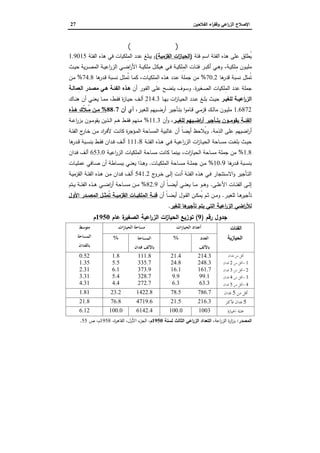 ‫اﻟﻔﻼﺣﯾن‬ ‫اء‬‫ر‬‫وﻓﻘ‬ ‫اﻋﻲ‬‫ر‬‫اﻟز‬ ‫اﻹﺻﻼح‬27
‫ﻓﺌﺔ‬)‫أﻗﻞ‬‫ﻣﻦ‬‫ﻓﺪان‬(
‫ﻓﺋﺔ‬ ‫اﺳم‬ ‫اﻟﻔﺋﺔ‬ ‫ﻫذﻩ‬ ‫ﻋﻠﻰ‬ ‫ُطﻠق‬‫ﯾ‬)‫ات‬‫ز‬‫اﻟﺣﯾﺎ‬‫اﻟﻘزﻣﯾﺔ‬(،‫اﻟﻔﺋﺔ‬ ‫ﻫذﻩ‬ ‫ﻓﻲ‬ ‫ِﻠﻛﯾﺎت‬‫ﻣ‬‫اﻟ‬ ‫ﻋدد‬ ‫ﯾﺑﻠﻎ‬1.9015
‫ـﺔ‬‫ـ‬‫ﯾ‬‫ِﻠﻛ‬‫ﻣ‬ ‫ـون‬‫ـ‬‫ﯾ‬‫ﻣﻠ‬،‫ـث‬‫ـ‬‫ﯾ‬‫ﺣ‬ ‫ﯾﺔ‬‫ر‬‫ـ‬‫ـ‬‫ﺻ‬‫اﻟﻣ‬ ‫ـﺔ‬‫ـ‬‫ﯾ‬‫اﻋ‬‫ر‬‫اﻟز‬ ‫ـﻲ‬‫ـ‬‫ﺿ‬‫ا‬‫ر‬‫اﻷ‬ ‫ـﺔ‬‫ـ‬‫ﯾ‬‫ِﻠﻛ‬‫ﻣ‬ ‫ـل‬‫ـ‬‫ﻛ‬‫ﻫﯾ‬ ‫ـﻲ‬‫ـ‬‫ﻓ‬ ‫ـﺔ‬‫ـ‬‫ﯾ‬‫ِﻠﻛ‬‫ﻣ‬‫اﻟ‬ ‫ـﺎت‬‫ـ‬‫ﺋ‬‫ﻓ‬ ‫ـر‬‫ـ‬‫ﺑ‬‫أﻛ‬ ‫ـﻲ‬‫ـ‬‫ﻫ‬‫و‬
‫ﻫﺎ‬‫ﻗدر‬ ‫ﻧﺳﺑﺔ‬ ‫ُﻣﺛل‬‫ﺗ‬70.2%‫ـﺎت‬‫ﯾ‬‫ِﻣﻠﻛ‬‫ﻟ‬‫ا‬ ‫ـذﻩ‬‫ﻫ‬ ‫ـدد‬‫ﻋ‬ ‫ﺟﻣﻠﺔ‬ ‫ﻣن‬،‫ﻫﺎ‬‫ـدر‬‫ﻗ‬ ‫ـﺑﺔ‬‫ﺳ‬‫ﻧ‬ ‫ـل‬‫ﺛ‬‫ُﻣ‬‫ﺗ‬ ‫ـﺎ‬‫ﻣ‬‫ﻛ‬74.8%‫ـن‬‫ﻣ‬
‫ة‬‫ر‬‫ـﻐﯾ‬‫ﺻ‬‫اﻟ‬ ‫ِﻠﻛﯾﺎت‬‫ﻣ‬‫اﻟ‬ ‫ﻋدد‬ ‫ﺟﻣﻠﺔ‬.‫أن‬ ‫ـور‬‫ﻔ‬‫اﻟ‬ ‫ـﻰ‬‫ﻠ‬‫ﻋ‬ ‫ـﺢ‬‫ﺿ‬‫ﯾﺗ‬ ‫ـوف‬‫ﺳ‬‫و‬‫ﻫـذﻩ‬‫ِﻣﺎﻟـﺔ‬‫ﻌ‬‫اﻟ‬ ‫ﻣﺻـدر‬ ‫ﻫـﻲ‬ ‫اﻟﻔﺋـﺔ‬
‫ـر‬‫ـ‬‫ﻟﻠﻐﯾ‬ ‫ـﺔ‬‫ـ‬‫اﻋﯾ‬‫ر‬‫اﻟز‬‫ـﺎ‬‫ـ‬‫ﻬ‬‫ﺑ‬ ‫ات‬‫ز‬‫ـﺎ‬‫ـ‬‫ﯾ‬‫اﻟﺣ‬ ‫ـدد‬‫ـ‬‫ﻋ‬ ‫ـﻎ‬‫ـ‬‫ﻠ‬‫ﺑ‬ ‫ـث‬‫ـ‬‫ﯾ‬‫ﺣ‬214.3‫ـط‬‫ـ‬‫ﻘ‬‫ﻓ‬ ‫ة‬‫ز‬‫ـﺎ‬‫ـ‬‫ﯾ‬‫ﺣ‬ ‫ـف‬‫ـ‬‫ﻟ‬‫أ‬،‫ـﺎك‬‫ـ‬‫ﻧ‬‫ﻫ‬ ‫أن‬ ‫ـﻲ‬‫ـ‬‫ﻧ‬‫ﯾﻌ‬ ‫ـﺎ‬‫ـ‬‫ﻣ‬‫ﻣ‬
1.6872‫ـر‬‫ـ‬‫ﯾ‬‫ﻟﻠﻐ‬ ‫ـﯾﻬم‬‫ـ‬‫ﺿ‬‫أر‬ ‫ـﺄﺟﯾر‬‫ـ‬‫ﺗ‬‫ﺑ‬ ‫ا‬‫و‬‫ـﺎﻣ‬‫ـ‬‫ﻗ‬ ‫ـﻲ‬‫ـ‬‫ﻣ‬‫ِز‬‫ﻗ‬ ‫ـك‬‫ـ‬‫ﻟ‬‫ﻣﺎ‬ ‫ـون‬‫ـ‬‫ﯾ‬‫ﻣﻠ‬،‫أن‬ ‫أي‬88.7%‫ـذﻩ‬‫ـ‬‫ﻫ‬ ‫ّك‬‫ﻼ‬‫ـ‬‫ـ‬ُ‫ﻣ‬ ‫ـن‬‫ـ‬‫ﻣ‬
‫ـر‬‫ـ‬‫ﻟﻠﻐﯾ‬ ‫اﺿــﯾﻬم‬‫ر‬‫أ‬ ‫ﺑﺗــﺄﺟﯾر‬ ‫ﯾﻘوﻣــون‬ ‫ـﺔ‬‫ـ‬‫اﻟﻔﺋ‬،‫أن‬‫و‬11.3%‫ـﺔ‬‫ـ‬‫ﻋ‬‫ا‬‫ر‬‫ﺑز‬ ‫ـون‬‫ـ‬‫ﻣ‬‫ﯾﻘو‬ ‫ـذﯾن‬‫ـ‬‫ﻟ‬‫ا‬ ‫ـم‬‫ـ‬‫ﻫ‬ ‫ـط‬‫ـ‬‫ﻘ‬‫ﻓ‬ ‫ـﻧﻬم‬‫ـ‬‫ﻣ‬
‫أ‬‫ِﻣﺔ‬‫ذ‬‫اﻟ‬ ‫ﻋﻠﻰ‬ ‫اﺿﯾﻬم‬‫ر‬.‫ـﺔ‬‫ﺋ‬‫اﻟﻔ‬ ‫ج‬‫ـﺎر‬‫ﺧ‬ ‫ـن‬‫ﻣ‬ ‫اد‬‫ر‬‫ـ‬‫ﻓ‬‫ﻷ‬ ‫ـت‬‫ﻧ‬‫ﻛﺎ‬ ‫ة‬‫ر‬‫ـؤﺟ‬‫ﻣ‬‫اﻟ‬ ‫اﻟﻣﺳﺎﺣﺔ‬ ‫ﻏﺎﻟﺑﯾﺔ‬ ‫أن‬ ً‫ﺎ‬‫أﯾﺿ‬ ‫ُﻼﺣظ‬‫ﯾ‬‫و‬
‫ـﺔ‬‫ـ‬‫ﺋ‬‫اﻟﻔ‬ ‫ـذﻩ‬‫ـ‬‫ﻫ‬ ‫ـﻲ‬‫ـ‬‫ﻓ‬ ‫ـﺔ‬‫ـ‬‫ﯾ‬‫اﻋ‬‫ر‬‫اﻟز‬ ‫ات‬‫ز‬‫ـﺎ‬‫ـ‬‫ﯾ‬‫اﻟﺣ‬ ‫ـﺎﺣﺔ‬‫ـ‬‫ﺳ‬‫ﻣ‬ ‫ـت‬‫ـ‬‫ﻐ‬‫ﺑﻠ‬ ‫ـث‬‫ـ‬‫ﯾ‬‫ﺣ‬111.8‫ﻫﺎ‬‫ـدر‬‫ـ‬‫ﻗ‬ ‫ـﺑﺔ‬‫ـ‬‫ﺳ‬‫ﺑﻧ‬ ‫ـط‬‫ـ‬‫ﻘ‬‫ﻓ‬ ‫ـدان‬‫ـ‬‫ﻓ‬ ‫ـف‬‫ـ‬‫ﻟ‬‫أ‬
1.8%‫ات‬‫ز‬‫اﻟﺣﯾﺎ‬ ‫ﻣﺳﺎﺣﺔ‬ ‫ﺟﻣﻠﺔ‬ ‫ﻣن‬،‫ـﺔ‬‫ﯾ‬‫اﻋ‬‫ر‬‫اﻟز‬ ‫ِﻠﻛﯾﺎت‬‫ﻣ‬‫اﻟ‬ ‫ﻣﺳﺎﺣﺔ‬ ‫ﻛﺎﻧت‬ ‫ﺑﯾﻧﻣﺎ‬653.0‫ـدان‬‫ﻓ‬ ‫ـف‬‫ﻟ‬‫أ‬
‫ﻫﺎ‬‫ـدر‬‫ـ‬‫ﻗ‬ ‫ـﺑﺔ‬‫ـ‬‫ﺳ‬‫ﺑﻧ‬10.9%‫ـﺎت‬‫ـ‬‫ﯾ‬‫ِﻠﻛ‬‫ﻣ‬‫اﻟ‬ ‫ـﺎﺣﺔ‬‫ـ‬‫ﺳ‬‫ﻣ‬ ‫ـﺔ‬‫ـ‬‫ﻠ‬‫ﺟﻣ‬ ‫ـن‬‫ـ‬‫ﻣ‬.‫ـﺎت‬‫ـ‬‫ﯾ‬‫ﻋﻣﻠ‬ ‫ـﺎﻓﻲ‬‫ـ‬‫ﺻ‬ ‫أن‬ ‫ـﺎطﺔ‬‫ـ‬‫ﺳ‬‫ﺑﺑ‬ ‫ـﻲ‬‫ـ‬‫ﻧ‬‫ﯾﻌ‬ ‫ـذا‬‫ـ‬‫ﻫ‬‫و‬
‫ج‬‫ـرو‬‫ـ‬‫ﺧ‬ ‫ـﻰ‬‫ـ‬‫ﻟ‬‫إ‬ ‫أدت‬ ‫ـﺔ‬‫ـ‬‫ﺋ‬‫اﻟﻔ‬ ‫ـذﻩ‬‫ـ‬‫ﻫ‬ ‫ـﻲ‬‫ـ‬‫ﻓ‬ ‫ـﺗﺋﺟﺎر‬‫ـ‬‫ﺳ‬‫اﻻ‬‫و‬ ‫ـﺄﺟﯾر‬‫ـ‬‫ﺗ‬‫اﻟ‬541.2‫ـﺔ‬‫ـ‬‫ﯾ‬‫اﻟﻘزﻣ‬ ‫ـﺔ‬‫ـ‬‫ﺋ‬‫اﻟﻔ‬ ‫ـذﻩ‬‫ـ‬‫ﻫ‬ ‫ـن‬‫ـ‬‫ﻣ‬ ‫ـدان‬‫ـ‬‫ﻓ‬ ‫ـف‬‫ـ‬‫ﻟ‬‫أ‬
‫ـﻰ‬‫ـ‬‫ـ‬‫ﻠ‬‫اﻷﻋ‬ ‫ـﺎت‬‫ـ‬‫ـ‬‫ﺋ‬‫اﻟﻔ‬ ‫ـﻰ‬‫ـ‬‫ـ‬‫ﻟ‬‫إ‬.‫أن‬ ً‫ﺎ‬‫ـ‬‫ـ‬‫ـ‬‫ﺿ‬‫أﯾ‬ ‫ـﻲ‬‫ـ‬‫ـ‬‫ﻧ‬‫ﯾﻌ‬ ‫ـﺎ‬‫ـ‬‫ـ‬‫ﻣ‬ ‫ـو‬‫ـ‬‫ـ‬‫ﻫ‬‫و‬82.9%‫ـﺗم‬‫ـ‬‫ـ‬‫ﯾ‬ ‫ـﺔ‬‫ـ‬‫ـ‬‫ﺋ‬‫اﻟﻔ‬ ‫ـذﻩ‬‫ـ‬‫ـ‬‫ﻫ‬ ‫ـﻲ‬‫ـ‬‫ـ‬‫ﺿ‬‫ا‬‫ر‬‫أ‬ ‫ـﺎﺣﺔ‬‫ـ‬‫ـ‬‫ﺳ‬‫ﻣ‬ ‫ـن‬‫ـ‬‫ـ‬‫ﻣ‬
‫ـر‬‫ـ‬‫ﯾ‬‫ﻟﻠﻐ‬ ‫ـﺎ‬‫ـ‬‫ﻫ‬‫ﺗﺄﺟﯾر‬.‫أن‬ ً‫ﺎ‬‫ـ‬‫ـ‬‫ﺿ‬‫أﯾ‬ ‫ـول‬‫ـ‬‫ﻘ‬‫اﻟ‬ ‫ـن‬‫ـ‬‫ﻛ‬‫ُﻣ‬‫ﯾ‬ ‫ـم‬‫ـ‬‫ﺛ‬ ‫ـن‬‫ـ‬‫ﻣ‬‫و‬‫اﻷول‬ ‫ـدر‬‫ـ‬‫اﻟﻣﺻ‬ ‫ـل‬‫ـ‬‫ُﻣﺛ‬‫ﺗ‬ ‫ـﺔ‬‫ـ‬‫اﻟﻘزﻣﯾ‬ ‫ـﺎت‬‫ـ‬‫ِﻠﻛﯾ‬‫ﻣ‬‫اﻟ‬ ‫ـﺔ‬‫ـ‬‫ﻓﺋ‬
‫ﻟﻠﻐﯾر‬ ‫ﻫﺎ‬‫ﺗﺄﺟﯾر‬ ‫ﯾﺗم‬ ‫اﻟﺗﻲ‬ ‫اﻋﯾﺔ‬‫ر‬‫اﻟز‬ ‫اﺿﻲ‬‫ر‬‫ﻟﻸ‬.
‫رﻗم‬ ‫ﺟدول‬)9(‫ﻋﺎم‬ ‫ة‬‫اﻟﺻﻐﯾر‬ ‫اﻋﯾﺔ‬‫ر‬‫اﻟز‬ ‫ات‬‫ز‬‫اﻟﺣﯾﺎ‬ ‫ﺗوزﯾﻊ‬1950‫م‬
‫اﻟﻔﺋﺎت‬
‫اﻟﺣﯾﺎزﯾﺔ‬
‫ات‬‫ز‬‫اﻟﺤﻴﺎ‬ ‫أﻋﺪاد‬‫ات‬‫ز‬‫اﻟﺤﻴﺎ‬ ‫ﻣﺴﺎﺣﺔ‬‫ﻣﺘﻮﺳﻂ‬
‫اﻟﻤﺴﺎﺣﺔ‬
‫ﺑﺎﻟﻔﺪان‬
‫اﻟﻌﺪد‬
‫ﺑﺎﻷﻟﻒ‬
%‫اﻟﻤﺴﺎﺣﺔ‬
‫ﻓﺪان‬ ‫ﺑﺎﻷﻟﻒ‬
%
‫ﻓﺪان‬ ‫ﻣﻦ‬ ‫أﻗﻞ‬
1–‫ﻣﻦ‬ ‫أﻗﻞ‬2‫ﻓﺪان‬
2–‫ﻣﻦ‬ ‫أﻗﻞ‬3‫ﻓﺪان‬
3–‫ﻣﻦ‬ ‫أﻗﻞ‬4‫ﻓﺪان‬
4–‫ﻣﻦ‬ ‫أﻗﻞ‬5‫ﻓﺪان‬
214.3
248.3
161.7
99.1
63.3
21.4
24.8
16.1
9.9
6.3
111.8
335.7
373.9
328.7
272.7
1.8
5.5
6.1
5.4
4.4
0.52
1.35
2.31
3.31
4.31
‫ﻣﻦ‬ ‫أﻗﻞ‬5‫ﻓﺪان‬786.778.51422.823.21.81
5‫ﻓﺄﻛﺜﺮ‬ ‫ﻓﺪان‬216.321.54719.676.821.8
‫اﳊﻴﺎزة‬ ‫ﲨﻠﺔ‬1003100.06142.4100.06.12
‫اﻟﻣﺻدر‬:‫ة‬‫ر‬‫ا‬‫ز‬‫و‬،‫اﻋﺔ‬‫ر‬‫اﻟز‬‫ﻟﺳﻧﺔ‬ ‫اﻟﺛﺎﻟث‬ ‫اﻋﻲ‬‫ر‬‫اﻟز‬ ‫اﻟﺗﻌداد‬1950‫م‬،‫ة‬‫ر‬‫اﻟﻘﺎﻫ‬ ،‫اﻷول‬ ‫ء‬‫اﻟﺟز‬ ،1958‫ص‬ ،‫م‬55.
 