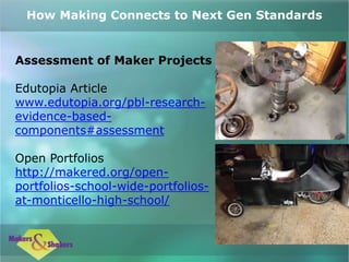 How Making Connects to Next Gen Standards
Assessment of Maker Projects
Edutopia Article
www.edutopia.org/pbl-research-
evidence-based-
components#assessment
Open Portfolios
http://makered.org/open-
portfolios-school-wide-portfolios-
at-monticello-high-school/
 