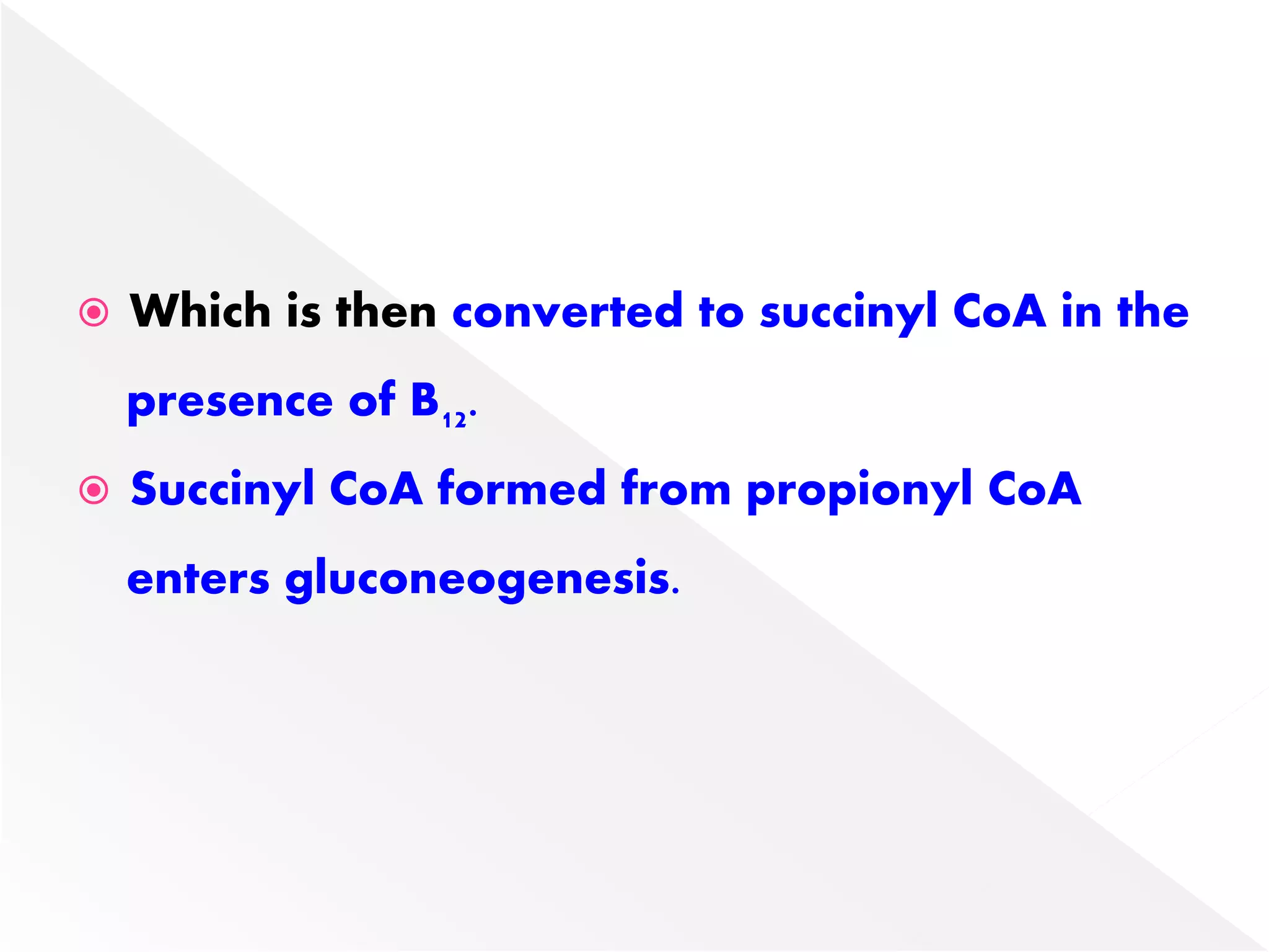  Which is then converted to succinyl CoA in the
presence of B12.
 Succinyl CoA formed from propionyl CoA
enters gluconeogenesis.
 