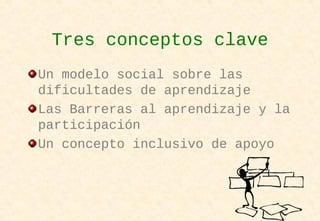 Tres conceptos clave
Un modelo social sobre las
dificultades de aprendizaje
Las Barreras al aprendizaje y la
participación
Un concepto inclusivo de apoyo
 