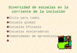 Diversidad de escuelas en la
corriente de la inclusión
Éxito para todos
Escuela global
Escuelas Eficaces
Escuelas Aceleradoras
Comunidades de Aprendizaje
…
 