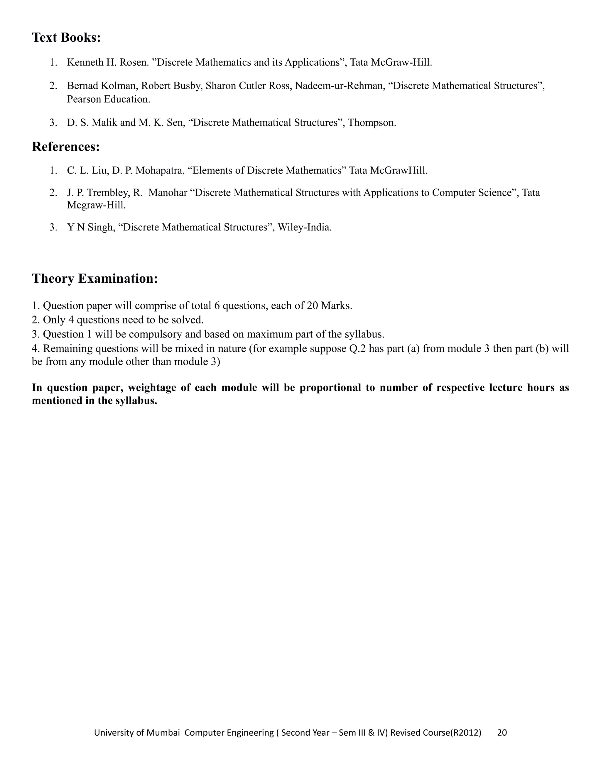 University of Mumbai  Computer Engineering ( Second Year – Sem III & IV) Revised Course(R2012)       20 
Text Books:
1. Kenneth H. Rosen. ”Discrete Mathematics and its Applications”, Tata McGraw-Hill.
2. Bernad Kolman, Robert Busby, Sharon Cutler Ross, Nadeem-ur-Rehman, “Discrete Mathematical Structures”,
Pearson Education.
3. D. S. Malik and M. K. Sen, “Discrete Mathematical Structures”, Thompson.
References:
1. C. L. Liu, D. P. Mohapatra, “Elements of Discrete Mathematics” Tata McGrawHill.
2. J. P. Trembley, R. Manohar “Discrete Mathematical Structures with Applications to Computer Science”, Tata
Mcgraw-Hill.
3. Y N Singh, “Discrete Mathematical Structures”, Wiley-India.
Theory Examination:
1. Question paper will comprise of total 6 questions, each of 20 Marks.
2. Only 4 questions need to be solved.
3. Question 1 will be compulsory and based on maximum part of the syllabus.
4. Remaining questions will be mixed in nature (for example suppose Q.2 has part (a) from module 3 then part (b) will
be from any module other than module 3)
In question paper, weightage of each module will be proportional to number of respective lecture hours as
mentioned in the syllabus.
 