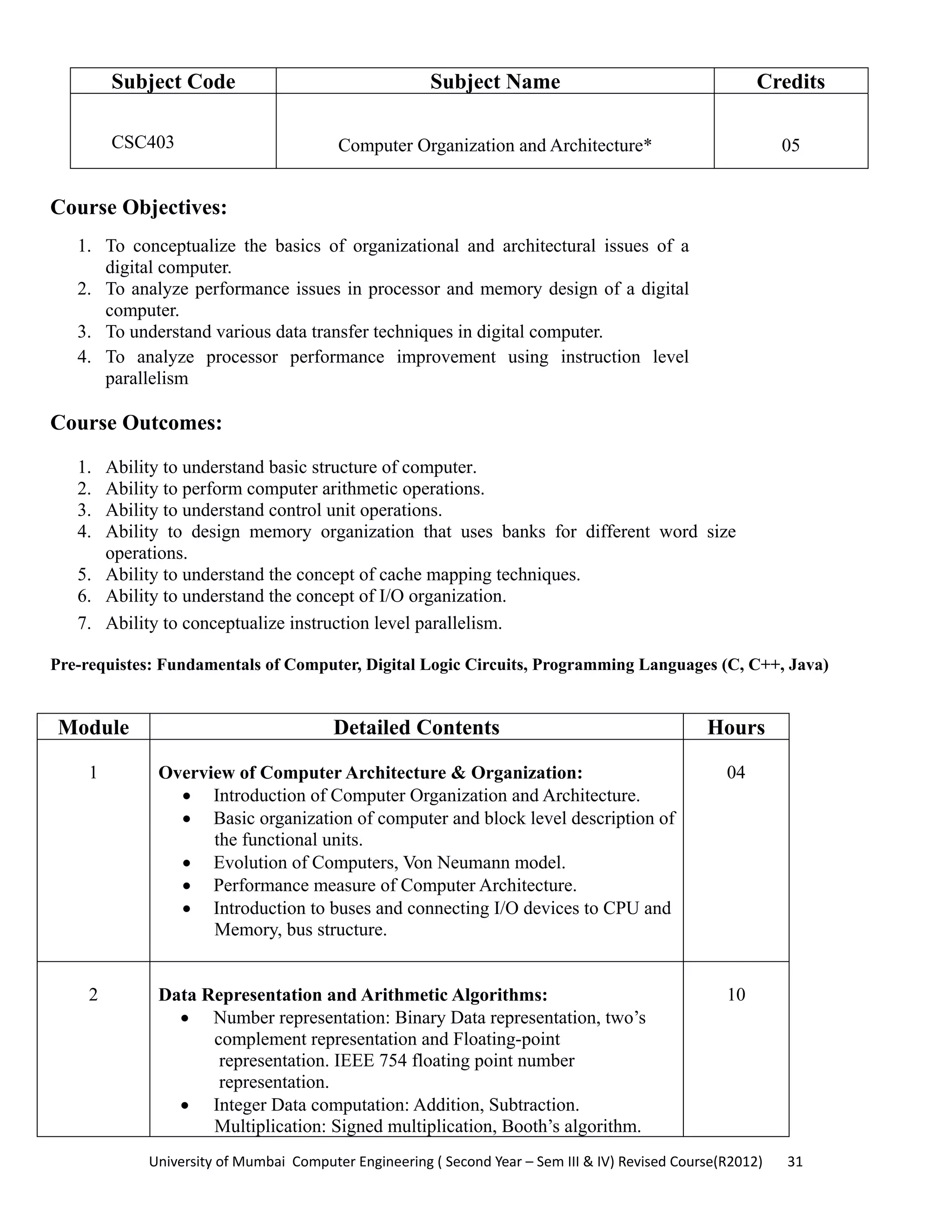 University of Mumbai  Computer Engineering ( Second Year – Sem III & IV) Revised Course(R2012)       31 
Subject Code Subject Name Credits
CSC403 Computer Organization and Architecture* 05
Course Objectives:
1. To conceptualize the basics of organizational and architectural issues of a
digital computer.
2. To analyze performance issues in processor and memory design of a digital
computer.
3. To understand various data transfer techniques in digital computer.
4. To analyze processor performance improvement using instruction level
parallelism
 
Course Outcomes:
1. Ability to understand basic structure of computer.
2. Ability to perform computer arithmetic operations.
3. Ability to understand control unit operations.
4. Ability to design memory organization that uses banks for different word size
operations.
5. Ability to understand the concept of cache mapping techniques.
6. Ability to understand the concept of I/O organization.
7. Ability to conceptualize instruction level parallelism.
 
Pre-requistes: Fundamentals of Computer, Digital Logic Circuits, Programming Languages (C, C++, Java)
Module Detailed Contents Hours
1 Overview of Computer Architecture & Organization:
• Introduction of Computer Organization and Architecture.
• Basic organization of computer and block level description of
the functional units.
• Evolution of Computers, Von Neumann model.
• Performance measure of Computer Architecture.
• Introduction to buses and connecting I/O devices to CPU and
Memory, bus structure.
04
2 Data Representation and Arithmetic Algorithms:
• Number representation: Binary Data representation, two’s
complement representation and Floating-point
representation. IEEE 754 floating point number
representation.
• Integer Data computation: Addition, Subtraction.
Multiplication: Signed multiplication, Booth’s algorithm.
10
 