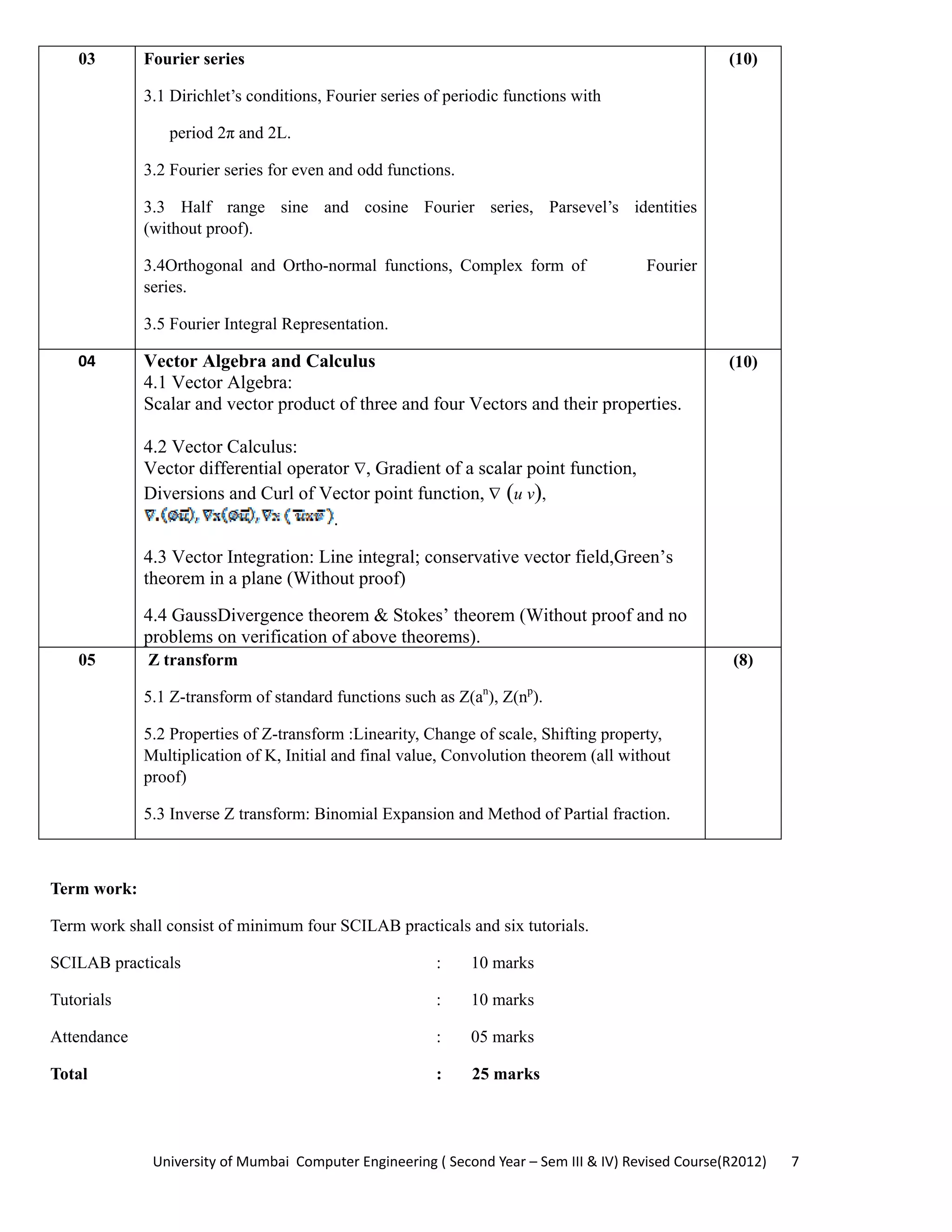 University of Mumbai  Computer Engineering ( Second Year – Sem III & IV) Revised Course(R2012)       7 
03 Fourier series
3.1 Dirichlet’s conditions, Fourier series of periodic functions with
period 2π and 2L.
3.2 Fourier series for even and odd functions.
3.3 Half range sine and cosine Fourier series, Parsevel’s identities
(without proof).
3.4Orthogonal and Ortho-normal functions, Complex form of Fourier
series.
3.5 Fourier Integral Representation.
(10)
04  Vector Algebra and Calculus
4.1 Vector Algebra:
Scalar and vector product of three and four Vectors and their properties.
4.2 Vector Calculus:
Vector differential operator ∇, Gradient of a scalar point function,
Diversions and Curl of Vector point function, ∇ (u v),
. 
4.3 Vector Integration: Line integral; conservative vector field,Green’s
theorem in a plane (Without proof) 
4.4 GaussDivergence theorem & Stokes’ theorem (Without proof and no
problems on verification of above theorems).
(10)
05 Z transform
5.1 Z-transform of standard functions such as Z(an
), Z(np
).
5.2 Properties of Z-transform :Linearity, Change of scale, Shifting property,
Multiplication of K, Initial and final value, Convolution theorem (all without
proof)
5.3 Inverse Z transform: Binomial Expansion and Method of Partial fraction.
(8)
 
Term work:
Term work shall consist of minimum four SCILAB practicals and six tutorials.
SCILAB practicals : 10 marks
Tutorials : 10 marks
Attendance : 05 marks
Total : 25 marks
 
