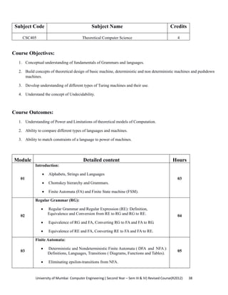 University of Mumbai  Computer Engineering ( Second Year – Sem III & IV) Revised Course(R2012)       38 
Subject Code Subject Name Credits
CSC405 Theoretical Computer Science 4
Course Objectives:
1. Conceptual understanding of fundamentals of Grammars and languages.
2. Build concepts of theoretical design of basic machine, deterministic and non deterministic machines and pushdown
machines.
3. Develop understanding of different types of Turing machines and their use.
4. Understand the concept of Undecidability.
Course Outcomes:
1. Understanding of Power and Limitations of theoretical models of Computation.
2. Ability to compare different types of languages and machines.
3. Ability to match constraints of a language to power of machines.
Module Detailed content Hours
01
Introduction:
• Alphabets, Strings and Languages
• Chomskey hierarchy and Grammars.
• Finite Automata (FA) and Finite State machine (FSM).
03
02
Regular Grammar (RG):
• Regular Grammar and Regular Expression (RE): Definition,
Equivalence and Conversion from RE to RG and RG to RE.
• Equivalence of RG and FA, Converting RG to FA and FA to RG.
• Equivalence of RE and FA, Converting RE to FA and FA to RE.
04
03
Finite Automata:
• Deterministic and Nondeterministic Finite Automata ( DFA and NFA ):
Definitions, Languages, Transitions ( Diagrams, Functions and Tables).
• Eliminating epsilon-transitions from NFA.
05
 
