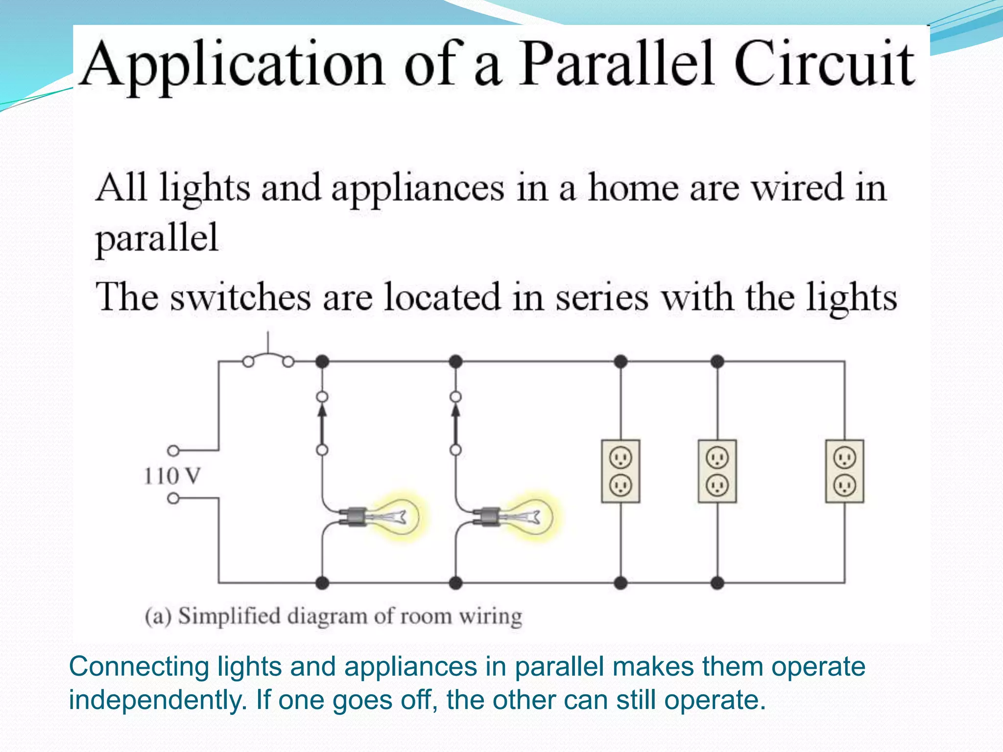 Connecting lights and appliances in parallel makes them operate
independently. If one goes off, the other can still operate.
 