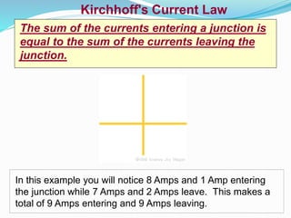 Kirchhoff's Current Law
The sum of the currents entering a junction is
equal to the sum of the currents leaving the
junction.
In this example you will notice 8 Amps and 1 Amp entering
the junction while 7 Amps and 2 Amps leave. This makes a
total of 9 Amps entering and 9 Amps leaving.
 