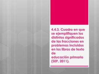 4.4.3. Cuadro en que
se ejemplifiquen los
distintos significados
de las fracciones en
problemas incluidos
en los libros de texto
de
educación primaria
(SEP, 2011).
 