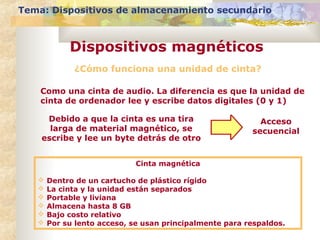 ¿Cómo funciona una unidad de cinta?
Como una cinta de audio. La diferencia es que la unidad de
cinta de ordenador lee y escribe datos digitales (0 y 1)
Debido a que la cinta es una tira
larga de material magnético, se
escribe y lee un byte detrás de otro
Acceso
secuencial
Cinta magnética
 Dentro de un cartucho de plástico rígido
 La cinta y la unidad están separados
 Portable y liviana
 Almacena hasta 8 GB
 Bajo costo relativo
 Por su lento acceso, se usan principalmente para respaldos.
Tema: Dispositivos de almacenamiento secundario
Dispositivos magnéticos
 