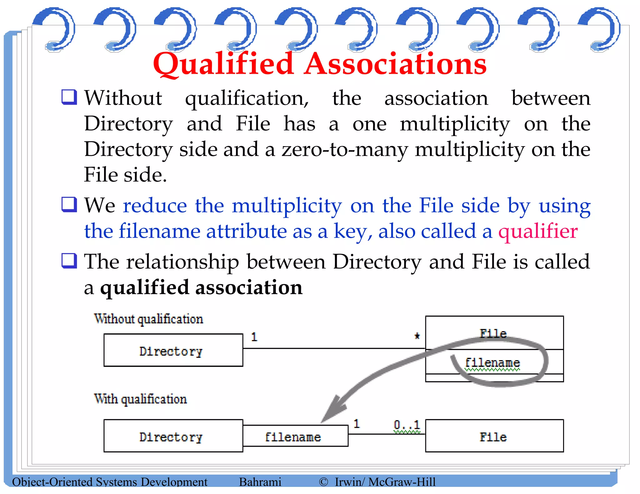  Without qualification, the association between
Directory and File has a one multiplicity on the
Directory side and a zero-to-many multiplicity on the
File side.
 We reduce the multiplicity on the File side by using
the filename attribute as a key, also called a qualifier
 The relationship between Directory and File is called
a qualified association
Object-Oriented Systems Development Bahrami © Irwin/ McGraw-Hill
Qualified Associations
 