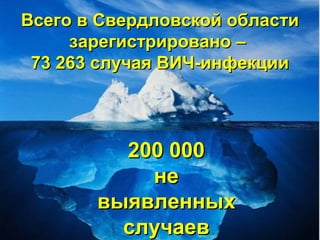 200 000200 000
нене
выявленныхвыявленных
случаевслучаев
Всего в Свердловской областиВсего в Свердловской области
зарегистрировано –зарегистрировано –
73 263 случая ВИЧ-инфекции73 263 случая ВИЧ-инфекции
 