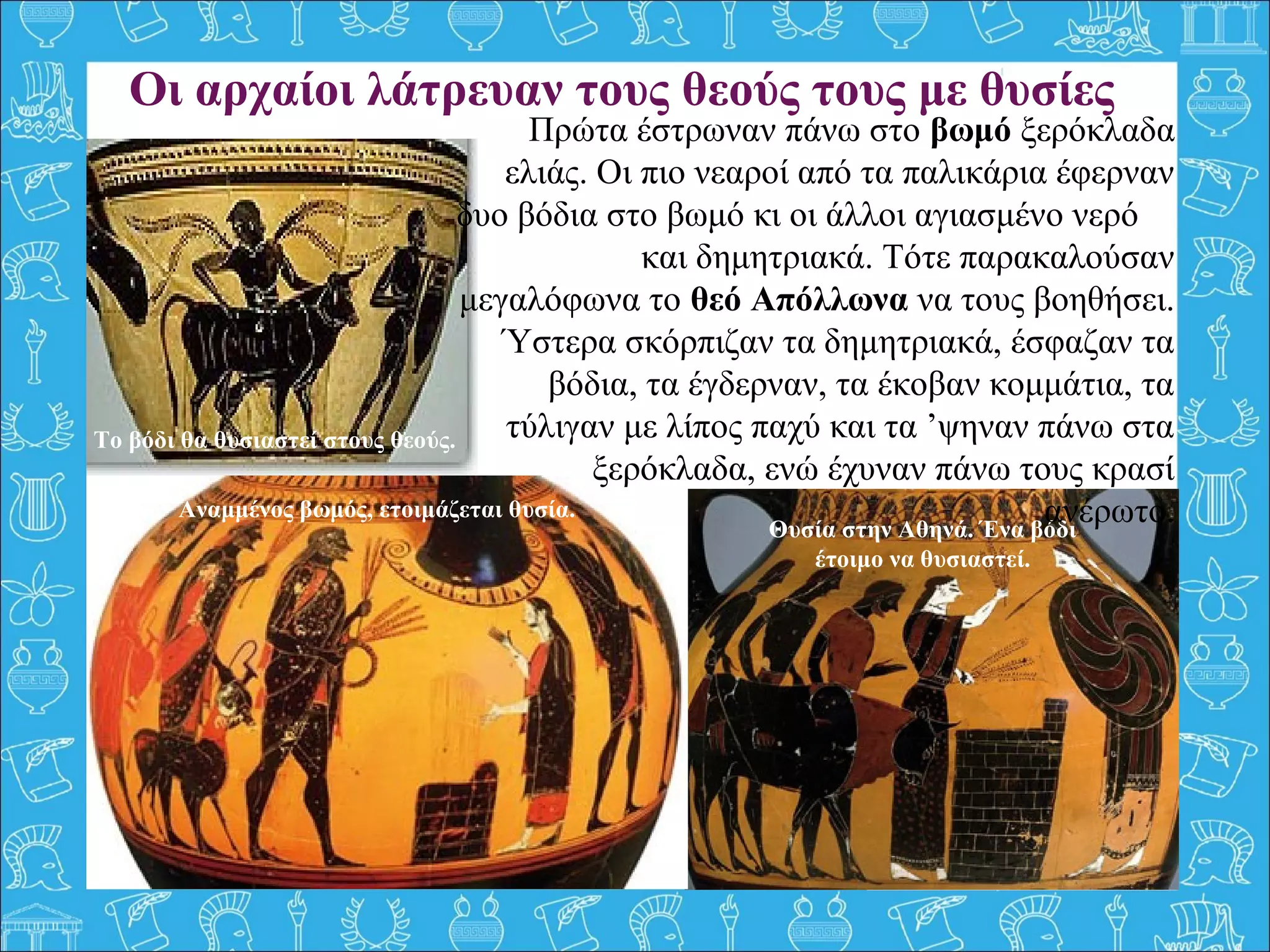 Οι αρχαίοι λάτρευαν τους θεούς τους με θυσίες 
Αναμμένος βωμός, ετοιμάζεται θυσία.
Θυσία στην Αθηνά. Ένα βόδι
έτοιμο να θυσιαστεί.
Το βόδι θα θυσιαστεί στους θεούς.
Πρώτα έστρωναν πάνω στο βωμό ξερόκλαδα 
ελιάς. Οι πιο νεαροί από τα παλικάρια έφερναν 
δυο βόδια στο βωμό κι οι άλλοι αγιασμένο νερό     
     και δημητριακά. Τότε παρακαλούσαν 
μεγαλόφωνα το θεό Απόλλωνα να τους βοηθήσει. 
Ύστερα σκόρπιζαν τα δημητριακά, έσφαζαν τα 
βόδια, τα έγδερναν, τα έκοβαν κομμάτια, τα 
τύλιγαν με λίπος παχύ και τα ’ψηναν πάνω στα 
ξερόκλαδα, ενώ έχυναν πάνω τους κρασί 
ανέρωτο.
 