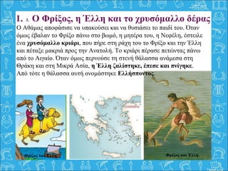 Φρίξος και Έλλη.
1. 3. Ο Φρίξος, η Έλλη και το χρυσόμαλλο δέρας
Ο Αθάμας αποφάσισε να υπακούσει και να θυσιάσει το παιδί του. Όταν
όμως έβαλαν το Φρίξο πάνω στο βωμό, η μητέρα του, η Νεφέλη, έστειλε
ένα χρυσόμαλλο κριάρι, που πήρε στη ράχη του το Φρίξο και την Έλλη
και πέταξε μακριά προς την Ανατολή. Το κριάρι πέρασε πετώντας πάνω
από το Αιγαίο. Όταν όμως περνούσε τη στενή θάλασσα ανάμεσα στη
Θράκη και στη Μικρά Ασία, η Έλλη ζαλίστηκε, έπεσε και πνίγηκε.
Από τότε η θάλασσα αυτή ονομάστηκε Ελλήσποντος.
Φρίξος και Έλλη.
 