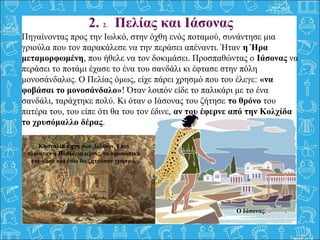 Πηγαίνοντας προς την Ιωλκό, στην όχθη ενός ποταμού, συνάντησε μια 
γριούλα που τον παρακάλεσε να την περάσει απέναντι. Ήταν η Ήρα
μεταμορφωμένη, που ήθελε να τον δοκιμάσει. Προσπαθώντας ο Ιάσονας να 
περάσει το ποτάμι έχασε το ένα του σανδάλι κι έφτασε στην πόλη 
μονοσάνδαλος. Ο Πελίας όμως, είχε πάρει χρησμό που του έλεγε: «να
φοβάσαι το μονοσάνδαλο»! Όταν λοιπόν είδε το παλικάρι με το ένα 
σανδάλι, ταράχτηκε πολύ. Κι όταν ο Ιάσονας του ζήτησε το θρόνο του 
πατέρα του, του είπε ότι θα του τον έδινε, αν του έφερνε από την Κολχίδα
το χρυσόμαλλο δέρας.
2. 2. Πελίας και Ιάσονας
Ο Ιάσονας.
Κασταλία πηγή των Δελφών. Εκεί
πλενόταν η Πυθία, οι ιερείς, το προσωπικό
του ναού και όσοι θα ζητούσαν χρησμό.
 