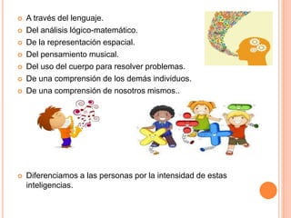  A través del lenguaje.
 Del análisis lógico-matemático.
 De la representación espacial.
 Del pensamiento musical.
 Del uso del cuerpo para resolver problemas.
 De una comprensión de los demás individuos.
 De una comprensión de nosotros mismos..
 Diferenciamos a las personas por la intensidad de estas
inteligencias.
 