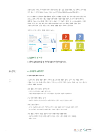 17
그럼 다음으로 <4P>는 마케팅의 한국의 육하 원칙이라고 할 수 있는 요소들인데요, 이는 효과적으로 마케팅
할 수 있는 4가지 핵심 요소로 Product (제품), Price(가격), Place(장소), Promotion(홍보)입니다.
Product (제품)는 구체적으로 어떤 메세지를 전달하고, 판매할 것인지를 전달 및 제공할 것인지 정하는 것이
고, Price(가격)은 제품의 경우에는 제품을 통해 어떻게 수익을 창출할 것인지, 또 그 가격에 대한 측정과,
메세지를 전달하고 프로젝트를 진행하면서 어느정도의 돈이 필요한지 정하는 것이고, Place(장소)는 어디서
활동할 것인지 (학교 내외, 활동별로 구체화), Promotion(홍보)는 어떻게 홍보활동을 진행할 것이고
그 방법은 무엇이며, 누구를 대상으로 프로젝트를 진행할 것인지 고려하는 것입니다.
질문 있으신가요? 없으면 정리를 시작하겠습니다.
c. 실행계획 세우기
i. 프로젝트 실행을 위한 월 별, 주차 별, 일 별의 자세한 계획을 세운다.
a. 두런왕조실록 작성
i. 당일 활동에 대한 일지 작성
오늘 활동하고 정리한 내용에 대해서 기록해도 좋고, 회의 한 내용과 일지로 남겨야 하는 부분을 기록해
주세요. 이것은 프로젝트를 마치는 과정까지 기록으로 여러분의 변화와 프로젝트 과정을 느낄 수 있는 중요한
수단으로 작용할 것입니다.
/오늘 활동을 육하원칙으로 정리해볼까?
○ 누가, 언제, 어디서, 어떻게, 무엇을, 왜
오늘 함께한 팀원들과 날짜, 장소, 회의 진행 방법, 무엇을 왜 하는지 작성해주세요.
/지금까지 어떻게 진행되고 있어?
현재까지 프로젝트가 진행되고 있는 상황과 얼마나 진행이 되었는지 작성해주세요.
/오늘은 무엇을 했니?
서기는 오늘 회의 내용에 대해 구체적으로 적어주세요. 말로만 이야기 하다보면 분명히 까먹게
되기 때문에 차 후 실행에 있어 도움이 될 수 있도록 기록으로 남겨주세요.
/오늘 활동은 어땠어? 힘든건 없었어? 다음 시간엔 무엇을 진행 할꺼야?
프로젝트를 진행하면서 봉착한 문제를 적어주세요. 이것은 나중에 공유를 하면서 해결점을
찾을 수 있어요.
마무리
>>
 