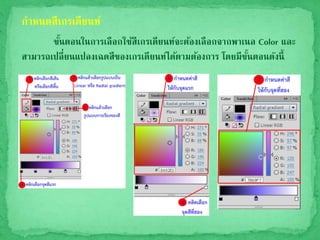 กาหนดสีเกรเดียนท์
ขั้นตอนในการเลือกใช้สีเกรเดียนท์จะต้องเลือกจากพาเนล Color และ
สามารถเปลี่ยนแปลงเฉดสีของเกรเดียนท์ได้ตามต้องการ โดยมีྺั้Ȩอนึϸงนี้
 