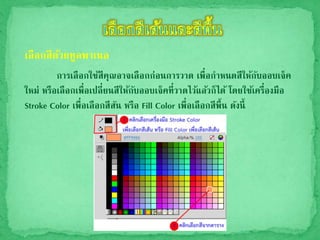 เลือกสีด้วยทูลพาเนล
การเลือกใช้สีคุณอาจเลือกก่อนการวาด เพื่อกาหนดสีให้กับออบเจ็ค
ใหม่ หรือเลือกเพื่อเปลี่ยนสีให้กับออบเจ็คที่วาดไว้แล้วก็ได้ โดยใช้เครื่องมือ
Stroke Color เพื่อเลือกสีสัน หรือ Fill Color เพื่อเลือกสีพื้น ดังนี้
 