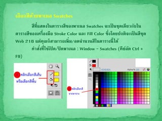 เลือกสีด้วยพาเนล Swatches
สีที่แสดงในตารางสีของพาเนล Swatches จะเป็ นชุดเดียวกับใน
ตารางสีของเครื่องมือ Stroke Color และ Fill Color ซึ่งโดยปกติจะเป็ นสีชุด
Web 216 แต่คุณก็สามารถเพิ่ม/ลดจานวนสีในตารางนี้ได้
คาสั่งที่ใช้เปิ ด/ปิ ดพาเนล : Window – Swatches (คีย์ลัด Ctrl +
F9)
 