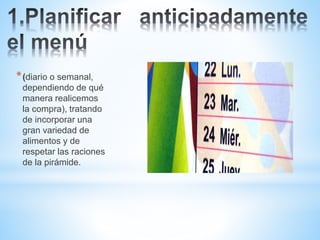 *(diario o semanal,
dependiendo de qué
manera realicemos
la compra), tratando
de incorporar una
gran variedad de
alimentos y de
respetar las raciones
de la pirámide.
 