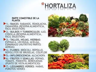 *
1.- RAICES: RABANOS, REMOLACHA,
ZANAHORIA (RESERVA ALIMENTICIA,
FACIL DIGESTIÓN)
2.- BULBOS Y TURBERCULOS: AJO,
CEBOLLA (RESERVA ALIMENTICIA,
FACIL DIGESTIÓN)
3.- TALLOS, HOJAS, HIERBAS:
ESPINACA, LECHUGA, ACELGA,
ESPARRAGO (NUTRITIVO PARTES
AEREAS)
4.- FLORES: BRÓCOLI, REPOLLO,
REPOLLITOS DE BRUSELAS, COLIFLOR
5.- INFLORESCENCIA: ALCACHOFA
6.- FRUTOS Y SEMILLAS: PEPINO,
TOMATE, PIMIENTO, BERENJENAS
(PUNTO DE VISTA ALIMENTICIO)
7.- LEGUMBRES VERDES: HABAS,
POROTOS VERDES
PARTE COMESTIBLE DE LA
PLANTA
 