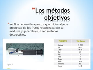 *Los métodos
objetivos
*Implican el uso de aparatos que miden alguna
propiedad de los frutos relacionada con su
madurez y generalmente son métodos
destructivos.
 