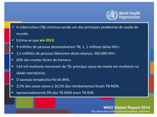  A tuberculose (TB) continua sendo um dos principais problemas de saúde do
mundo.
 Estima-se que em 2013:
 9 milhões de pessoas desenvolveram TB; 1, 1 milhoes delas HIV+.
 1,5 milhões de pessoas faleceram desta doença; 360.000 HIV+.
 60% das mortes foram de homens.
 510 mil mulheres morreram de TB; principal causa de morte em mulheres na
idade reprodutiva.
 O sucesso terapêutico foi de 86%.
 3,5% dos casos novos e 20,5% dos retratamentos foram TB MDR.
 Aproximadamente 9% dos TB MDR eram TB XDR.
WHO Global Report 2014
http://www.who.int/tb/publications/global_report/en/
 