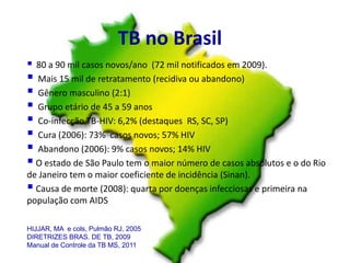 TB no Brasil
 80 a 90 mil casos novos/ano (72 mil notificados em 2009).
 Mais 15 mil de retratamento (recidiva ou abandono)
 Gênero masculino (2:1)
 Grupo etário de 45 a 59 anos
 Co-infecção TB-HIV: 6,2% (destaques RS, SC, SP)
 Cura (2006): 73% casos novos; 57% HIV
 Abandono (2006): 9% casos novos; 14% HIV
 O estado de São Paulo tem o maior número de casos absolutos e o do Rio
de Janeiro tem o maior coeficiente de incidência (Sinan).
Causa de morte (2008): quarta por doenças infecciosas e primeira na
população com AIDS
HIJJAR, MA e cols, Pulmão RJ, 2005
DIRETRIZES BRAS. DE TB, 2009
Manual de Controle da TB MS, 2011
 