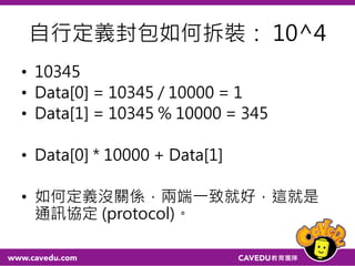 封包的傳送與接收
在電腦端，一個位元組的資料是0~255，但是當資
料傳送到Arduino時，它卻會將128~255的資料誤
判為-128~-1。
1位元組: 0~255
解碼
PC: 0~127→Arduino: 0~127
PC: 128~255→Arduino: -128~-1
 