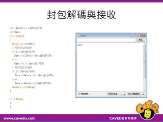 #include <SoftwareSerial.h>
#include <Wire.h>
SoftwareSerial I2CBT(10,11);
byte serialA;
void setup(){
//define pin modes for tx,rx pin
pinMode(10,INPUT);
pinMode(11,OUTPUT);
Serial.begin(9600);
I2CBT.begin(9600);
}
///////////////////main///////////////////
void loop (){
byte Data[3];
byte cmmd[20];
int insize;
int i=analogRead(A0);
serialA=I2CBT.read();
Data[0]='a';
Data[1]=i/256;
Data[2]=i%256;
Serial.println(i);
if (serialA == 49){
for(int j=0;j<3;j++)
I2CBT.write(Data[j]);
serialA=0;
}
delay(100);
}
封包
 
