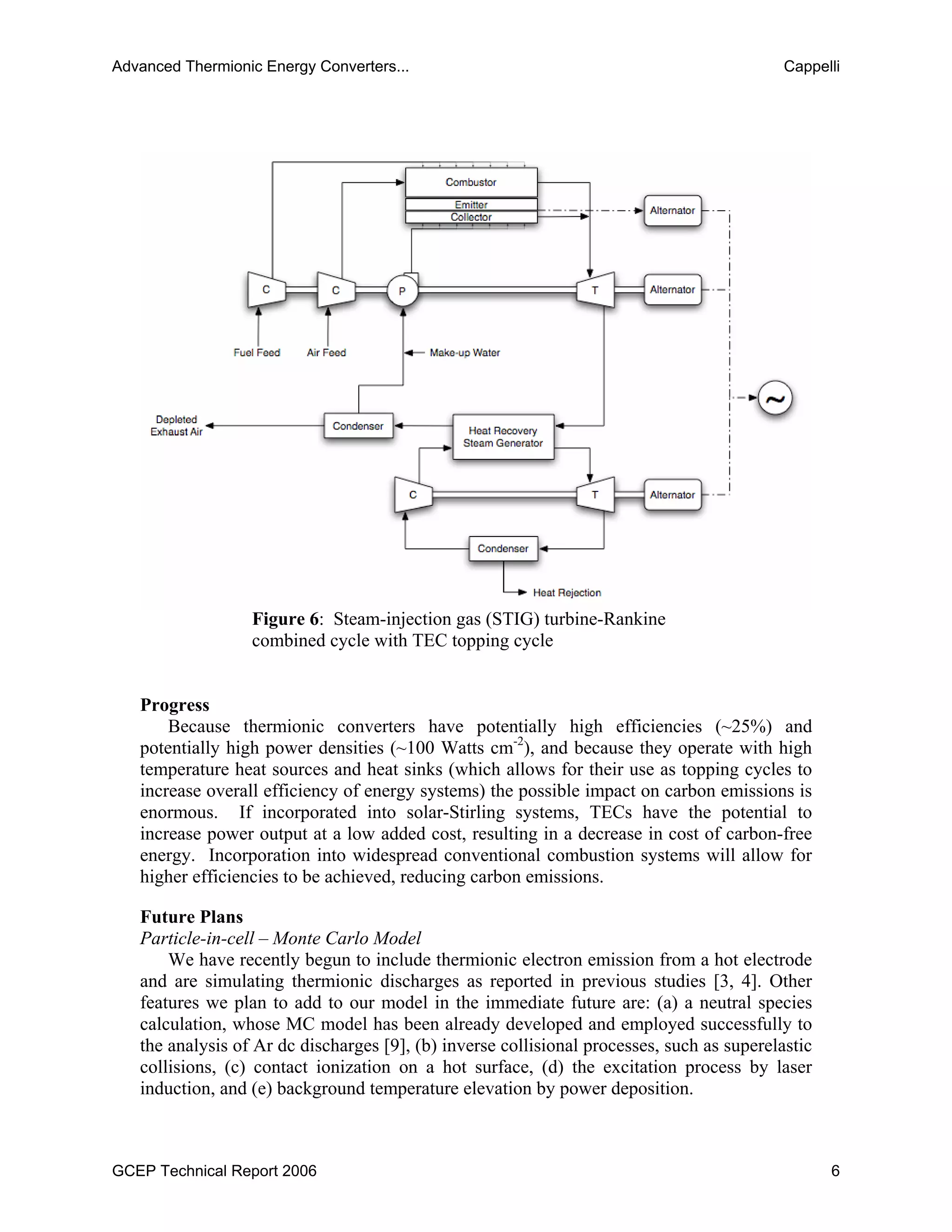 Figure 6: Steam-injection gas (STIG) turbine-Rankine
combined cycle with TEC topping cycle
Progress
Because thermionic converters have potentially high efficiencies (~25%) and
potentially high power densities (~100 Watts cm-2
), and because they operate with high
temperature heat sources and heat sinks (which allows for their use as topping cycles to
increase overall efficiency of energy systems) the possible impact on carbon emissions is
enormous. If incorporated into solar-Stirling systems, TECs have the potential to
increase power output at a low added cost, resulting in a decrease in cost of carbon-free
energy. Incorporation into widespread conventional combustion systems will allow for
higher efficiencies to be achieved, reducing carbon emissions.
Future Plans
Particle-in-cell – Monte Carlo Model
We have recently begun to include thermionic electron emission from a hot electrode
and are simulating thermionic discharges as reported in previous studies [3, 4]. Other
features we plan to add to our model in the immediate future are: (a) a neutral species
calculation, whose MC model has been already developed and employed successfully to
the analysis of Ar dc discharges [9], (b) inverse collisional processes, such as superelastic
collisions, (c) contact ionization on a hot surface, (d) the excitation process by laser
induction, and (e) background temperature elevation by power deposition.
Advanced Thermionic Energy Converters... Cappelli
GCEP Technical Report 2006 6
 