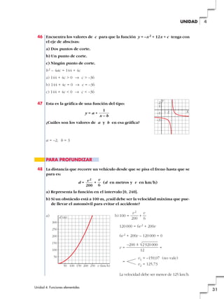 46 Encuentra los valores de c para que la función y = –x2 + 12x + c tenga con
el eje de abscisas:
a) Dos puntos de corte.
b) Un punto de corte.
c) Ningún punto de corte.
b2 – 4ac = 144 + 4c
a) 144 + 4c > 0 8 c > –36
b) 144 + 4c = 0 8 c = –36
c) 144 + 4c < 0 8 c < –36
47 Esta es la gráfica de una función del tipo:
y = a +
¿Cuáles son los valores de a y b en esa gráfica?
a = –2; b = 3
48 La distancia que recorre un vehículo desde que se pisa el freno hasta que se
para es:
d = + (d en metros y v en km/h)
a) Representa la función en el intervalo [0, 240].
b) Si un obstáculo está a 100 m, ¿cuál debe ser la velocidad máxima que pue-
de llevar el automóvil para evitar el accidente?
a) b) 100 = +
120000 = 6v2 + 200v
6v2 + 200v – 120000 = 0
v = =
=
La velocidad debe ser menor de 125 km/h.
v1 = –159,07 (no vale)
v2 = 125,73
–200 ± √2920000
12
v
6
v2
200
v
6
v2
200
PARA PROFUNDIZAR
2
1
1
–1
–3
2
Y
X1
x – b
Unidad 4. Funciones elementales
31
4UNIDAD
50
100
150
200
250
300
50 100 150 200 250 v (km/h)
d (m)
 