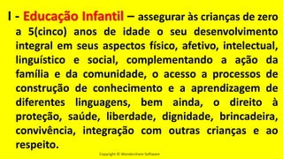 Copyright © Wondershare Software
I - Educação Infantil – assegurar às crianças de zero
a 5(cinco) anos de idade o seu desenvolvimento
integral em seus aspectos físico, afetivo, intelectual,
linguístico e social, complementando a ação da
família e da comunidade, o acesso a processos de
construção de conhecimento e a aprendizagem de
diferentes linguagens, bem ainda, o direito à
proteção, saúde, liberdade, dignidade, brincadeira,
convivência, integração com outras crianças e ao
respeito.
 