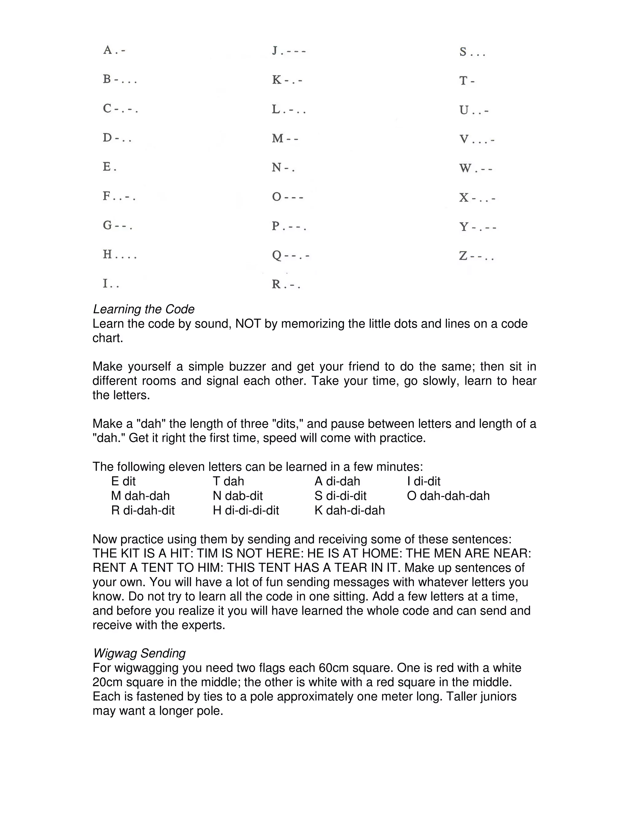 Learning the Code
Learn the code by sound, NOT by memorizing the little dots and lines on a code
chart.
Make yourself a simple buzzer and get your friend to do the same; then sit in
different rooms and signal each other. Take your time, go slowly, learn to hear
the letters.
Make a "dah" the length of three "dits," and pause between letters and length of a
"dah." Get it right the first time, speed will come with practice.
The following eleven letters can be learned in a few minutes:
E dit T dah A di-dah I di-dit
M dah-dah N dab-dit S di-di-dit O dah-dah-dah
R di-dah-dit H di-di-di-dit K dah-di-dah
Now practice using them by sending and receiving some of these sentences:
THE KIT IS A HIT: TIM IS NOT HERE: HE IS AT HOME: THE MEN ARE NEAR:
RENT A TENT TO HIM: THIS TENT HAS A TEAR IN IT. Make up sentences of
your own. You will have a lot of fun sending messages with whatever letters you
know. Do not try to learn all the code in one sitting. Add a few letters at a time,
and before you realize it you will have learned the whole code and can send and
receive with the experts.
Wigwag Sending
For wigwagging you need two flags each 60cm square. One is red with a white
20cm square in the middle; the other is white with a red square in the middle.
Each is fastened by ties to a pole approximately one meter long. Taller juniors
may want a longer pole.
 