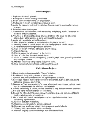 19. Repair jobs
Church Projects
1. Improve the church grounds.
2. Participate in church ministry committees.
3. Be an active member in the A Y organization.
4. Participate in church remodeling and equip a room.
5. Assist the pastor by distributing materials, flowers, making phone calls, running
errands.
6. Issue invitations to strangers.
7. Visit shut-ins, do kind deeds, such as reading, and playing music. Take them to
the store and get groceries.
8. Volunteer to drive cars to pick up shut-ins or others who could not otherwise
attend. Baby-sit for parents to go to activities of the church.
9. Assist with secretarial work of the church.
10. Hold programs, services in institutions (nursing home, jail, etc.).
11. Write up stories of church events for local newspapers or church papers.
12. Keep the church building clean and attractive.
13. Care for church hymnals, Bibles and church library.
14. Provide flowers.
15. Plant a garden for "give away" to the hungry.
16. Start a "collecting" library of historic items.
17. Assist in children's ministry-storytelling, preparing equipment, gathering materials
and caring for children.
18. Maintain fellowship with persons away from home.
19. Help maintain church vehicles and those of the aged.
World Mission Projects
1. Use special mission materials for "theme" activities.
2. Provide and study bibliographies of missionaries.
3. Sponsor a reunion of missionaries for a given period or nation.
4. Encourage hobbies that help to build world awareness, such as pen pals, stamp
collecting, language study, trips.
5. Sponsor an "overseas workshop"-a place where youth can prepare clothes, repair
toys and collect goods for relief and needy people.
6. Secure for showing at church, visuals and films to help deepen concern for others.
7. Set up a world friendship library for collections.
8. Secure the interest of the public library in arranging a special collection of books
dealing with international questions.
9. Get in touch with church elected personnel and obtain information data
concerning a given nation.
10. Sponsor a student missionary.
11. Obtain needed projects for a mission project.
12. Receive from a selected mission field news on a quarterly basis.
13. Talk regularly by radio to a missionary family.
14. Have an ongoing collection of things from around the world.
 