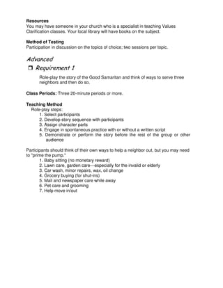Resources
You may have someone in your church who is a specialist in teaching Values
Clarification classes. Your local library will have books on the subject.
Method of Testing
Participation in discussion on the topics of choice; two sessions per topic.
"
Role-play the story of the Good Samaritan and think of ways to serve three
neighbors and then do so.
Class Periods: Three 20-minute periods or more.
Teaching Method
Role-play steps:
1. Select participants
2. Develop story sequence with participants
3. Assign character parts
4. Engage in spontaneous practice with or without a written script
5. Demonstrate or perform the story before the rest of the group or other
audience
Participants should think of their own ways to help a neighbor out, but you may need
to "prime the pump."
1. Baby sitting (no monetary reward)
2. Lawn care, garden care---especially for the invalid or elderly
3. Car wash, minor repairs, wax, oil change
4. Grocery buying (for shut-ins)
5. Mail and newspaper care while away
6. Pet care and grooming
7. Help move in/out
 