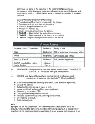 Calmness-not panic-is the essential in the treatment of poisoning. As
prevention is better than cure, make sure all poisons are correctly labeled and
stored out of reach of children. Never leave poisonous substances in an open
container.
General Rules for Treatment of Poisoning:
1. Protect yourself from being overcome by the poison.
2. Remove the victim from the danger source.
3. Wash off any poison from the skin.
4. Arrange for medical aid.
5. Dilute, eliminate, or neutralize the poison.
6. DO NOT. . . Give fluids if the victim is unconscious.
7. DO NOT. . . Give an emetic if the poison is a corrosive.
8. DO Give samples of the poison or vomit to the doctor.
REMEMBER: If the poison is a corrosive (Burns on way down) DO NOT GIVE
AN EMETIC. If in doubt, then give plenty of milk.
EMETIC: Use Syrup of Ipecac from your first aid kit. In all cases, seek
medical aid. If breathing fails, begin CPR (Mouth to Mouth).
Wash the affected area with soap and water. Take a shower if possible.
Discard the clothes.
Get patient to drink plenty of water or milk.
Induce vomiting if a chemical has been swallowed.
If breathing stops begin CPR.
Quickly remove the patient to fresh air.
Indicated by abdominal pains, vomiting and diarrhea.
Give nothing by mouth.
Seek medical help.
Fits
Epileptic fits are not uncommon. The victim may utter a sigh or cry, fall to the
ground, remain rigid for sometime, then begin thrashing around. It is possible they
may froth at the mouth and become cyanosed. It is not unusual for the patient to be
 
