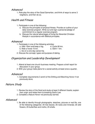 1. Role play the story of the Good Samaritan, and think of ways to serve 3
neighbors, and then do so.
1. Participate in one of the following:
a. Discuss the principles of physical fitness. Provide an outline of your
daily exercise program. Write out and sign a personal pledge of
commitment to a regular exercise program.
b. Discuss the natural advantages of living the Adventist Christian
lifestyle in accordance with Biblical principles.
1. Participate in one of the following activities:
a. Hike 15km and keep a log. d. Cycle 80 km.
b. Ride a horse 15 km. e. Swim 1 km.
c. Go on a one day canoe trip.
2. Discuss the concept, types and purpose of dating.
& + , - $ $
1. Attend at least one church business meeting. Prepare a brief report for
discussion in your group.
2. With your group make plans for a social activity at least once a quarter.
1. Complete requirements 3 and 6 of the Drilling and Marching Honor if not
previously done.
# %
1. Review the story of the flood and study at least 3 different fossils; explain
their origin and relate them to breaking God's Law.
2. Complete a Nature Honor not previously earned.
1. Be able to identify through photographs, sketches, pictures or real life, one
of the following categories: 25 tree leaves; 25 rocks and minerals; 25 wild
flowers; 25 butterflies and moths; 25 shells.
 