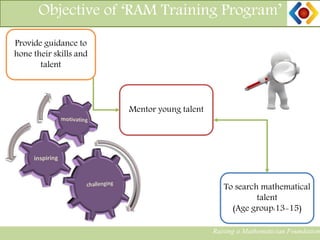 Provide guidance to
hone their skills and
talent
To search mathematical
talent
(Age group:13-15)
Mentor young talent
Objective of ‘RAM Training Program’
Raising a Mathematician Foundation
 