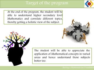 Target of the program
Raising a Mathematician Foundation
At the end of the program, the student will be
able to understand higher secondary level
Mathematics and correlate different topics,
thereby getting a holistic view of the subject.
The student will be able to appreciate the
application of Mathematical concepts in varied
areas and hence understand those subjects
better too.
Raising a Mathematician FoundationRaising a Mathematician Foundation
 
